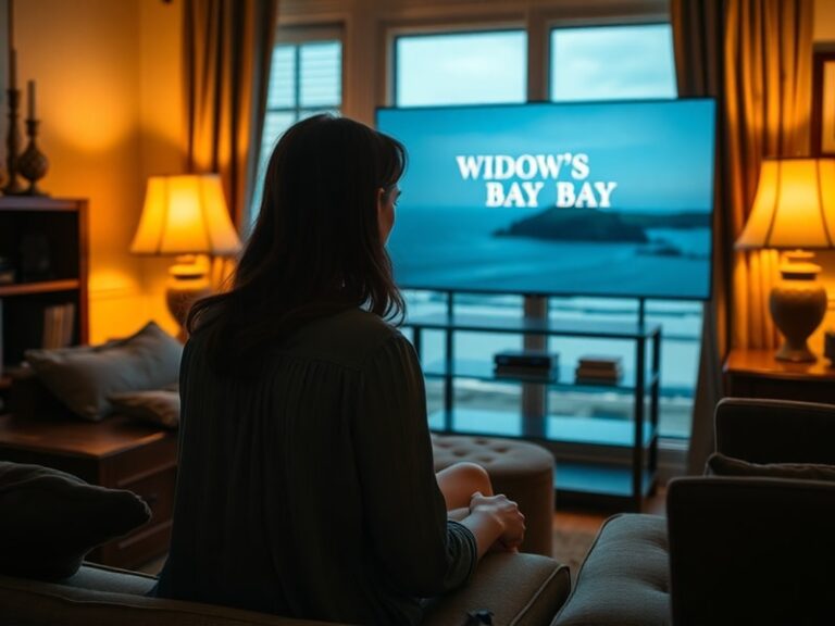 A moody still from Widow's Bay featuring the protagonist standing on a windswept coastal cliff, with crashing waves below and