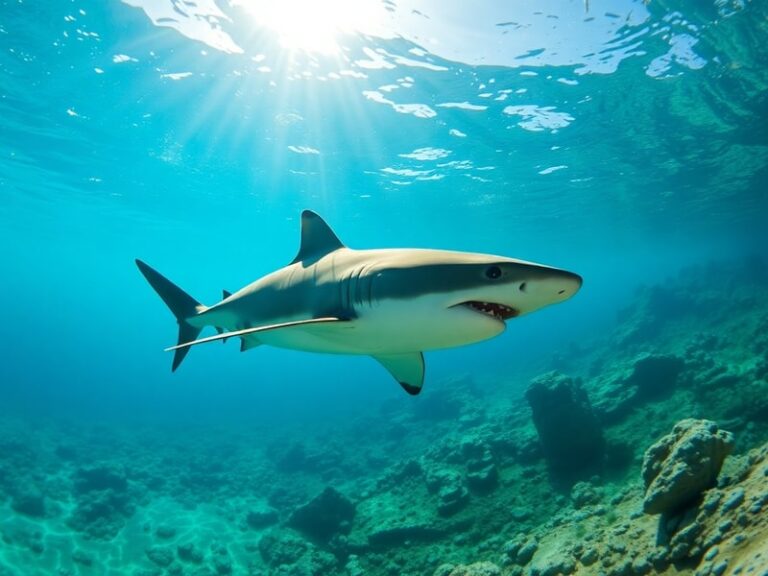 A serene underwater scene in the Mediterranean Sea featuring a great white shark swimming near a rocky coastline, with clear
