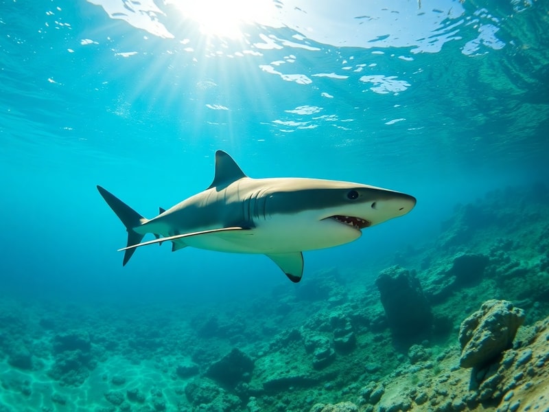A serene underwater scene in the Mediterranean Sea featuring a great white shark swimming near a rocky coastline, with clear