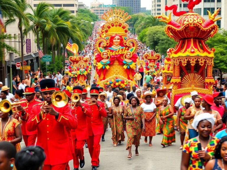 A diverse group of people celebrating Juneteenth in a vibrant outdoor festival setting, with colorful decorations, music, and
