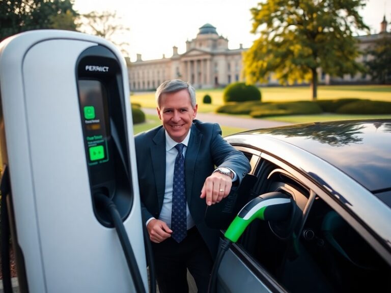 A split image showing Edwin Poots speaking at a podium on one side, and a row of modern EV charging stations in a Northern Ir