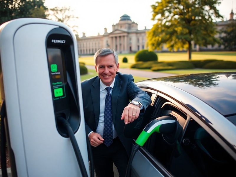 A split image showing Edwin Poots speaking at a podium on one side, and a row of modern EV charging stations in a Northern Ir