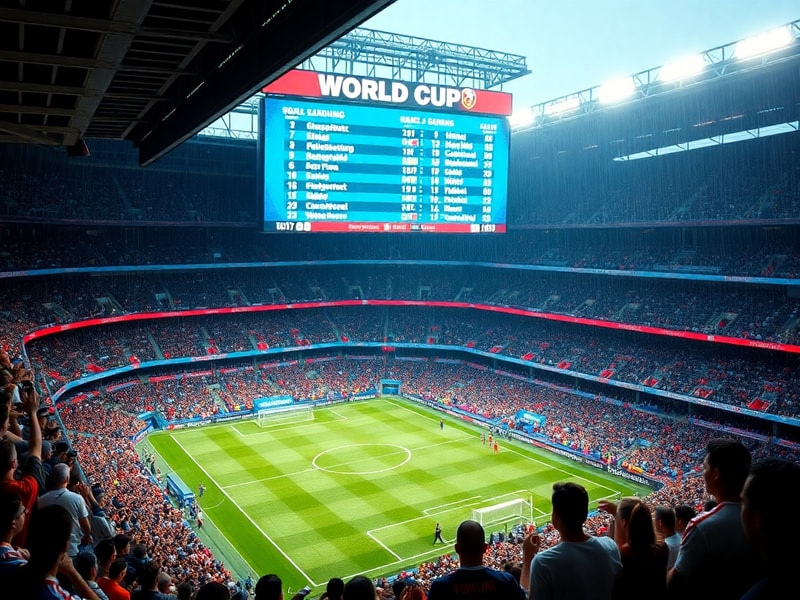 A vibrant stadium filled with cheering fans, a scoreboard displaying World Cup standings, and a football pitch with players i