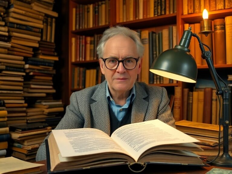 A distinguished older historian with glasses, standing in a library filled with books. The setting is warm and scholarly, wit