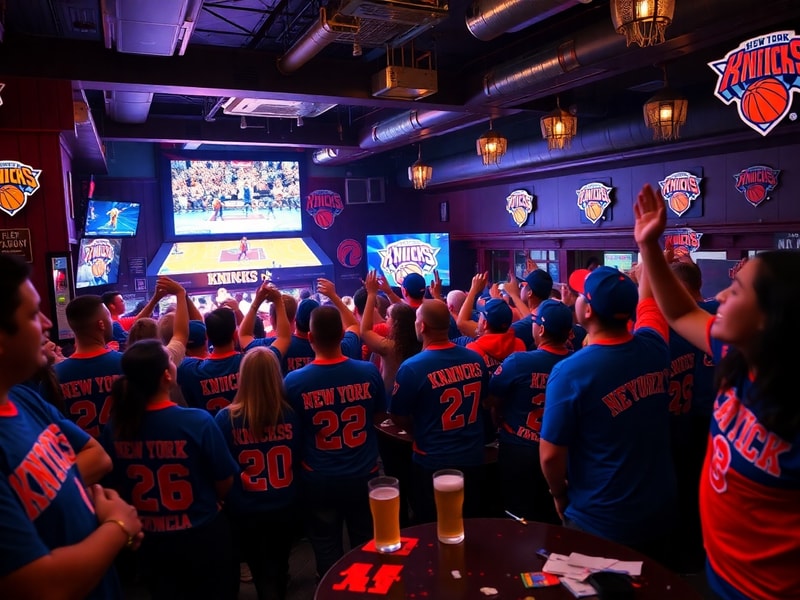 A vibrant image of a diverse group of fans gathered in a sports bar, wearing Knicks jerseys, watching a game on a large scree