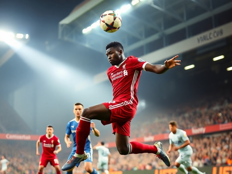 A dynamic action shot of Divock Origi in a Liverpool kit, mid-movement on a football pitch, with blurred stadium lights in th