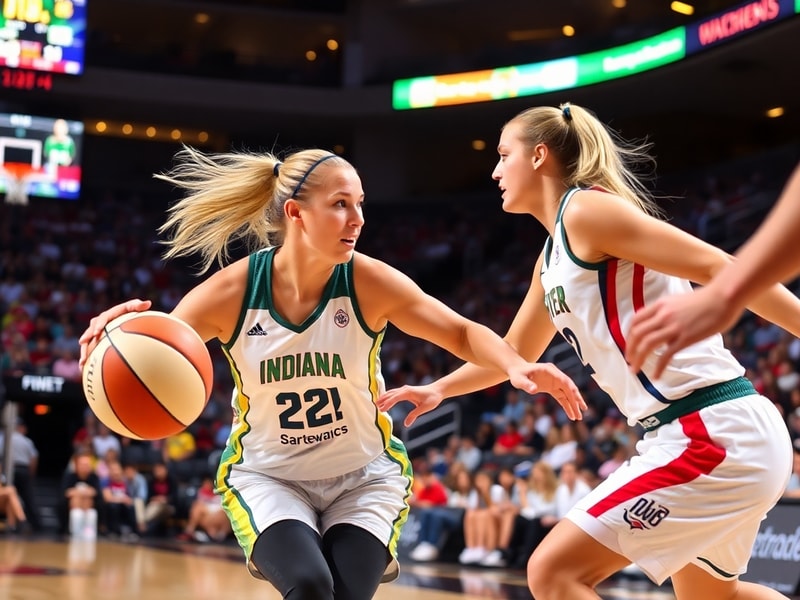 A dynamic action shot of Caitlin Clark in an Indiana Fever jersey, dribbling past a defender with a determined expression, un