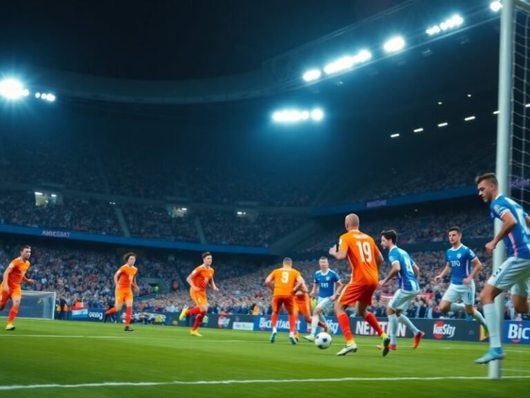 A tense moment during a Netherlands vs Uzbekistan match, showing Dutch and Uzbek players in action on a well-lit stadium pitc