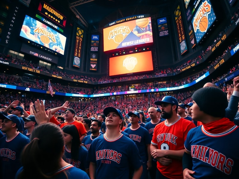 A vibrant shot of Madison Square Garden during a sold-out Knicks game, with the arena lights illuminating the court and crowd