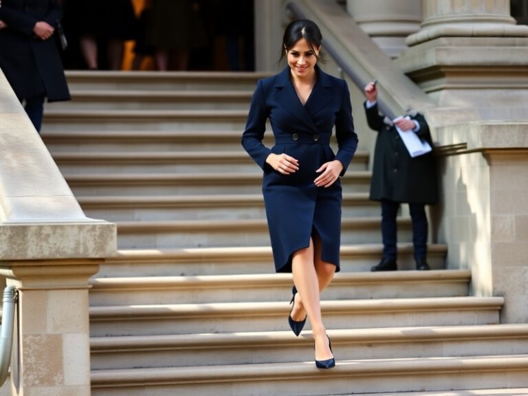 A stylish portrait of Meghan Markle in a modern setting, wearing a chic outfit with a confident expression, symbolizing her e