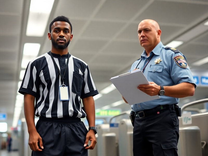 A Somali referee in a soccer uniform standing at an airport with a denied entry stamp on their passport, surrounded by airpor