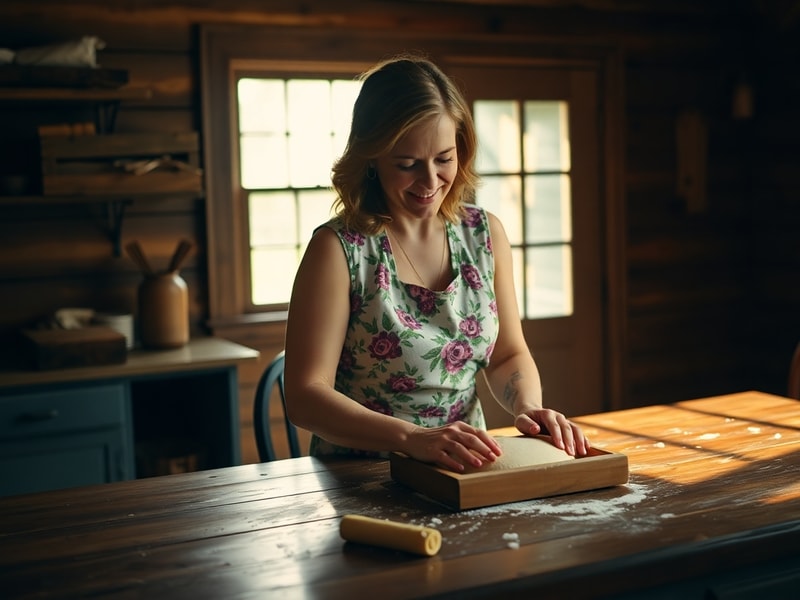 A warm, sunlit scene of Erin Napier in her Laurel Mercantile workshop, surrounded by quilts, fabrics, and handmade goods, wit