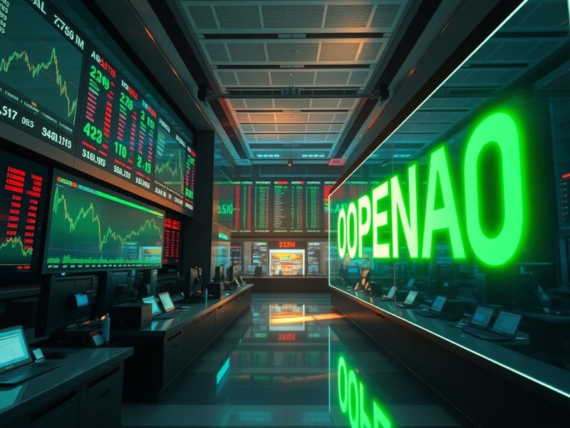A futuristic digital collage showing a glowing stock chart overlaid with AI neural networks and global landmarks, symbolizing