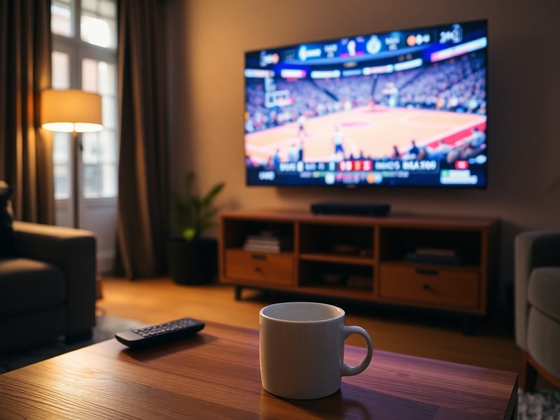 A split-screen image showing a Knicks game broadcast on a smart TV alongside a smartphone displaying a streaming service like
