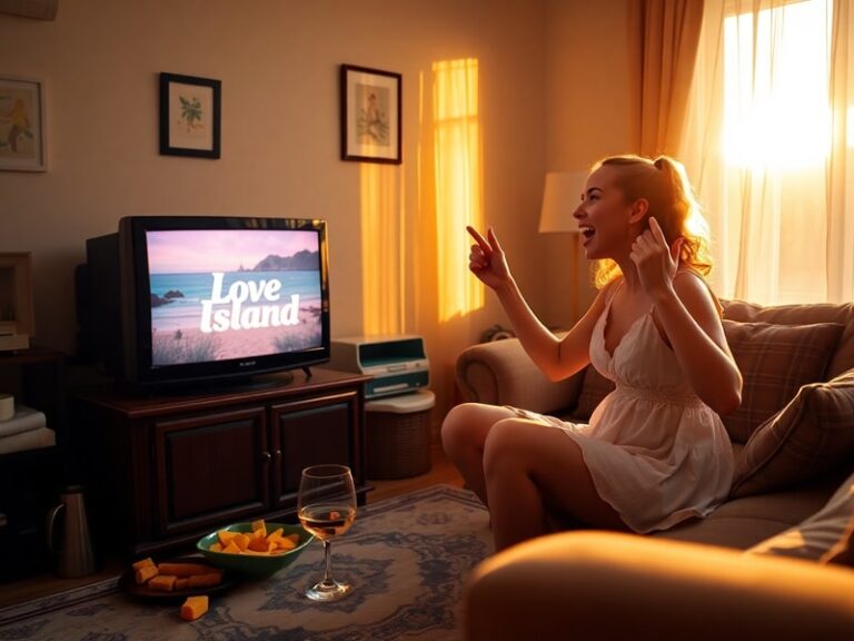 A cozy living room setup with a TV displaying a Love Island episode, surrounded by snacks and a smartphone showing the ITVX a