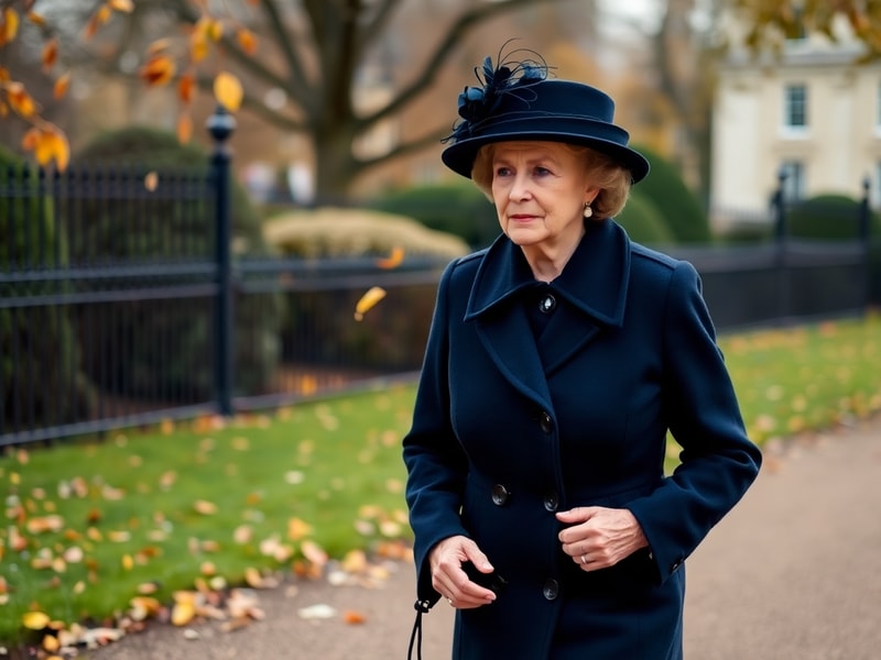 A formal portrait of Princess Anne in her military uniform, standing outdoors with a backdrop of a British palace. She has a