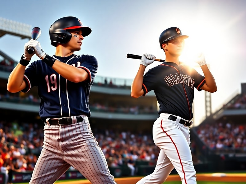 A split-screen image showing Nationals Park in Washington, D.C., on one side with fans celebrating, and Oracle Park in San Fr