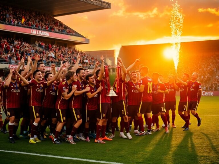 A vibrant stadium scene at night with Spain FC players celebrating a goal, surrounded by thousands of fans waving white and b
