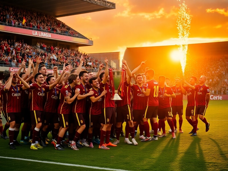 A vibrant stadium scene at night with Spain FC players celebrating a goal, surrounded by thousands of fans waving white and b