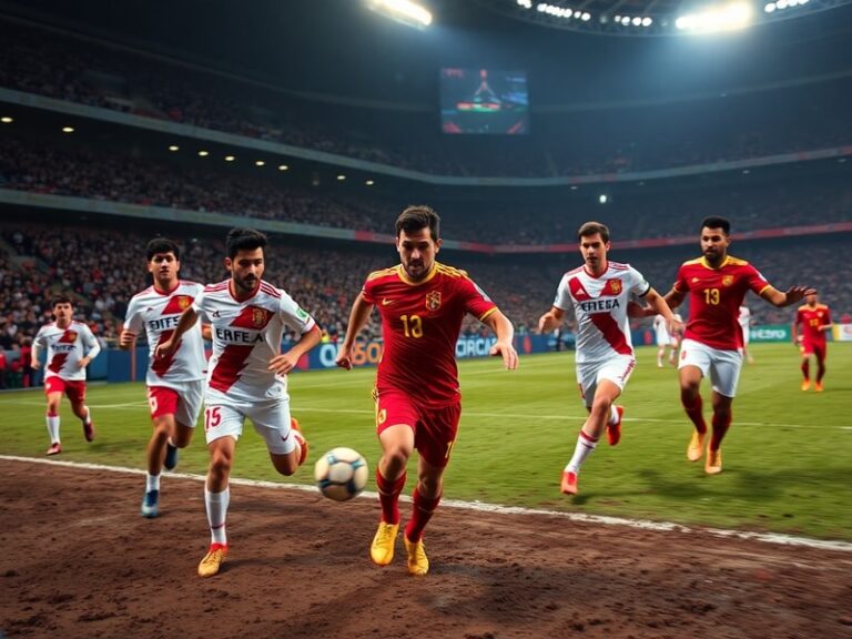 A mid-match shot of Spain and Peru players in action, with Spain in red and Peru in white, set on a vibrant stadium pitch und