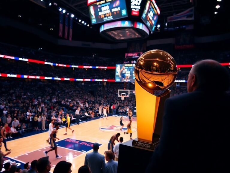 A split-screen image showing an NBA arena filled with fans on one side and a close-up of a player shooting a game-winning sho