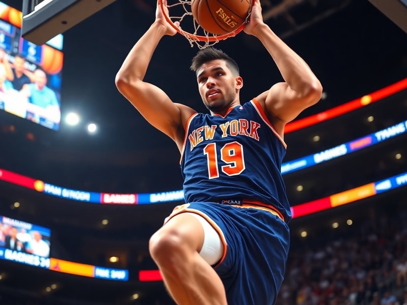 A dynamic action shot of the New York Knicks in their blue and orange uniforms, with Madison Square Garden in the background.