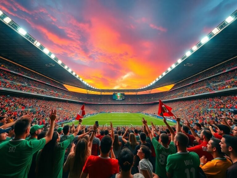 A vibrant stadium filled with fans wearing jerseys of various countries, with a digital overlay showing World Cup 2026 odds a