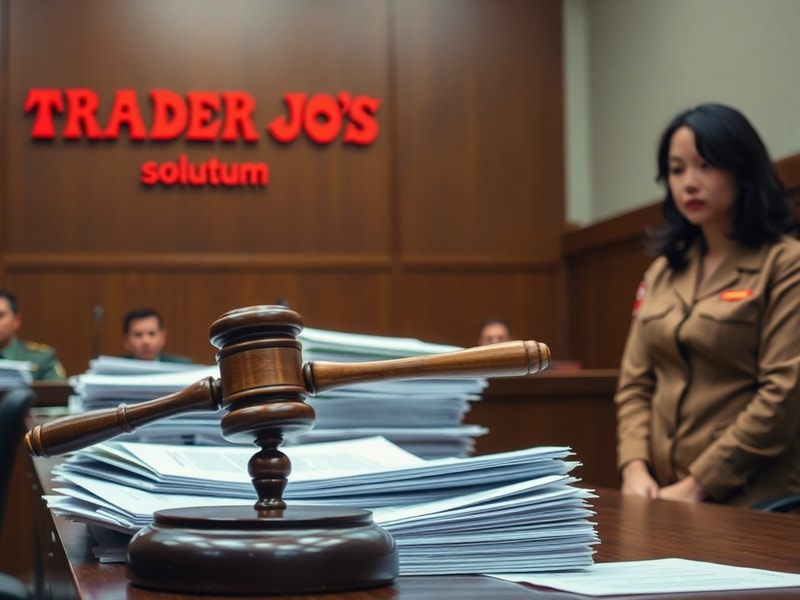 A Trader Joe's store exterior with a subtle overlay of legal documents or scales of justice, conveying the intersection of re