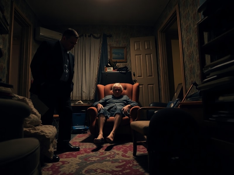 A dimly lit, cluttered room with a chair in the corner and a door slightly ajar, symbolizing an exploited home. The mood is t