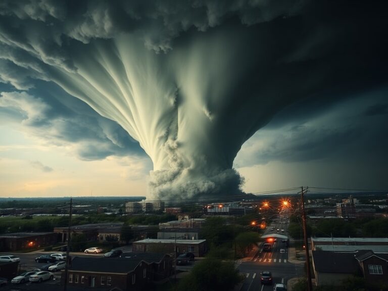 Aerial view of Lawrence, Kansas, showing the path of destruction left by the tornado, with damaged buildings, uprooted trees,