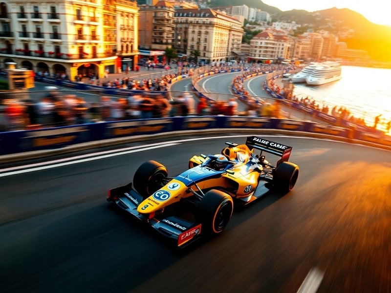 A high-speed action shot of a Formula 1 car mid-corner on a modern circuit, with blurred background emphasizing motion, vibra