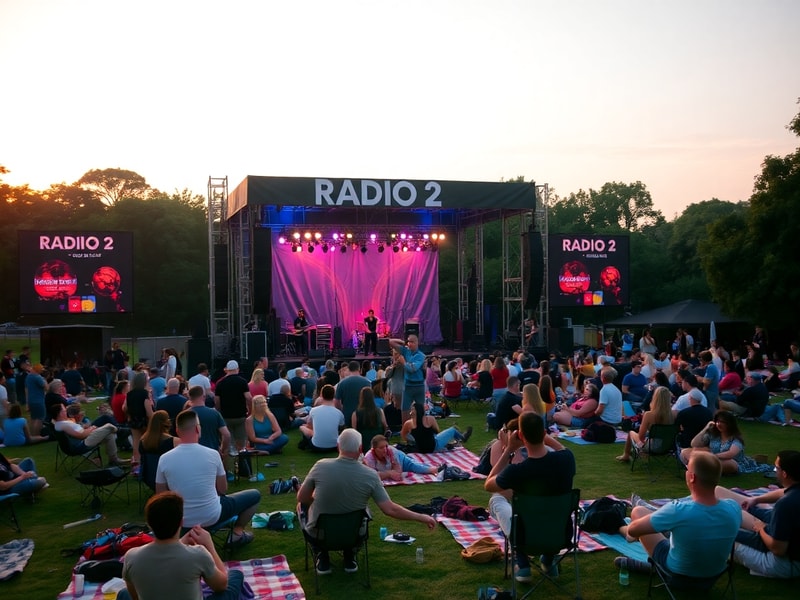 A vibrant outdoor stage set up in a city park during golden hour, with a large crowd of diverse attendees enjoying live music