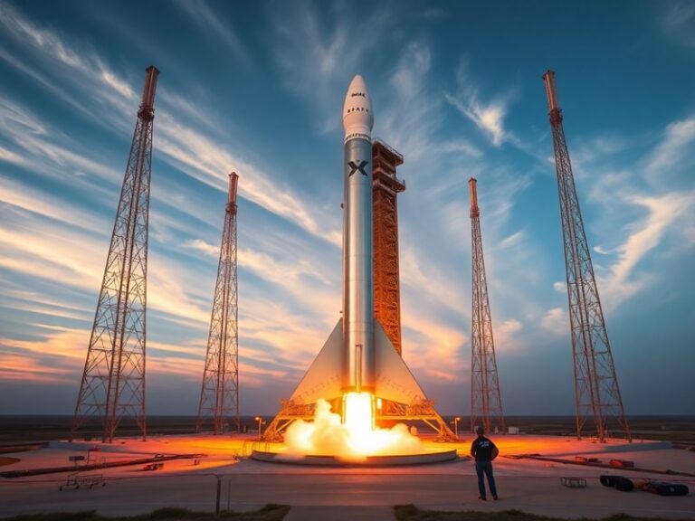 A high-angle shot of a SpaceX Falcon 9 rocket launching from Cape Canaveral at dawn, with its nine Merlin engines igniting ag