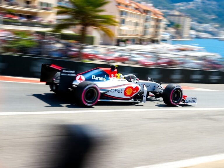 A high-speed Formula 1 car mid-corner, with blurred background emphasizing motion, dynamic lighting, and a focused driver ins