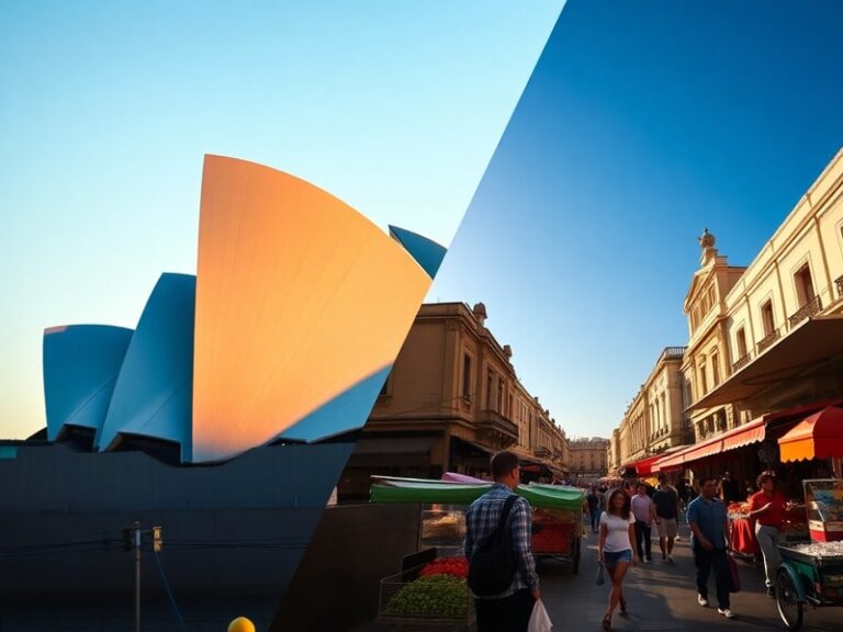 A split-image composition: on the left, the Australian and Mexican flags waving side by side; on the right, a bustling market
