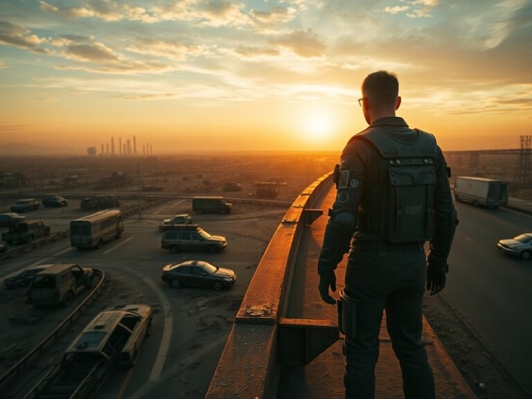 A cinematic view of a ruined highway at sunset, with a lone player character in power armor looking across a wasteland full o