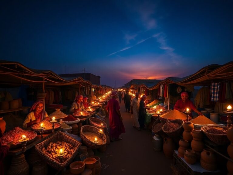 A vibrant scene of Sudanese daily life: a bustling market in Khartoum with colorful fabrics and spices, the pyramids of Meroë