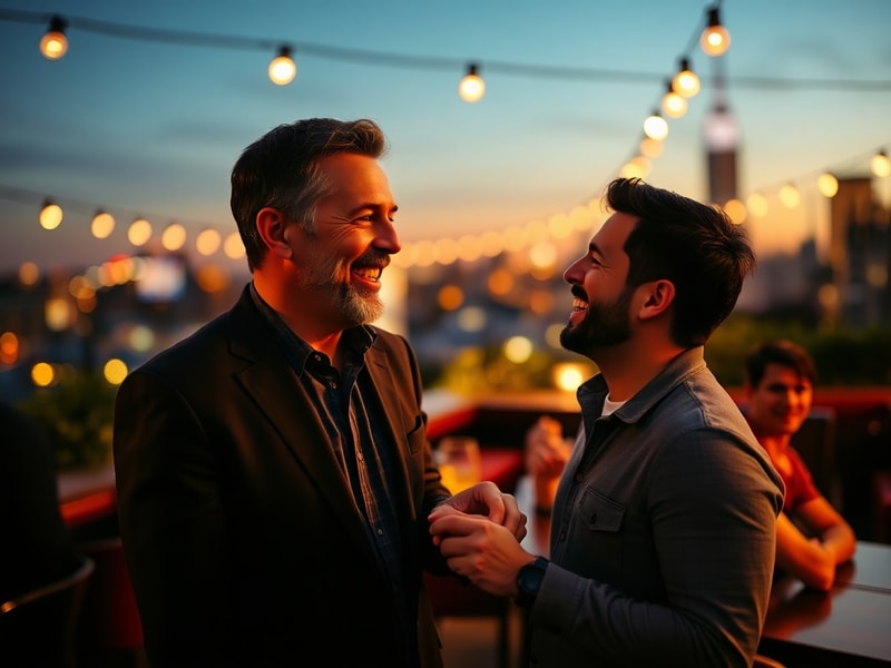 A stylish photo of Andy Cohen at a public event, dressed in a sharp blazer, smiling confidently while holding a drink. The ba
