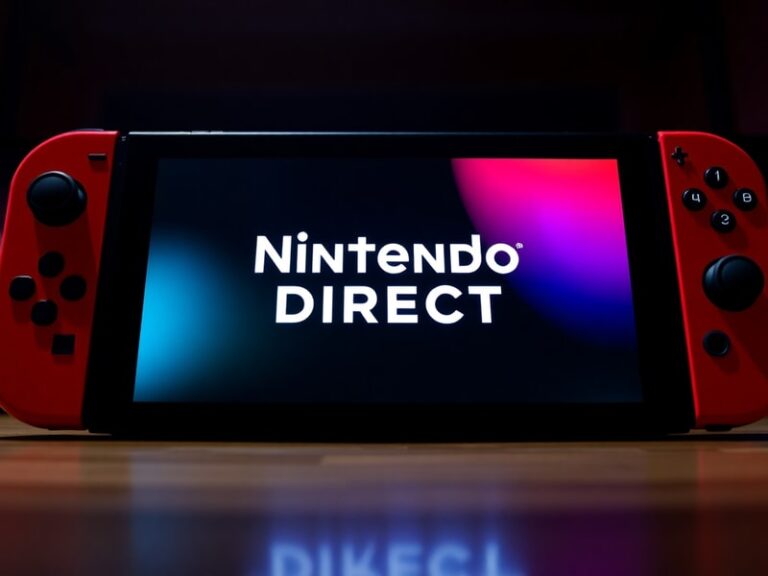A split-screen image showing a live Nintendo Direct broadcast on one side and a crowd of excited fans reacting on social medi