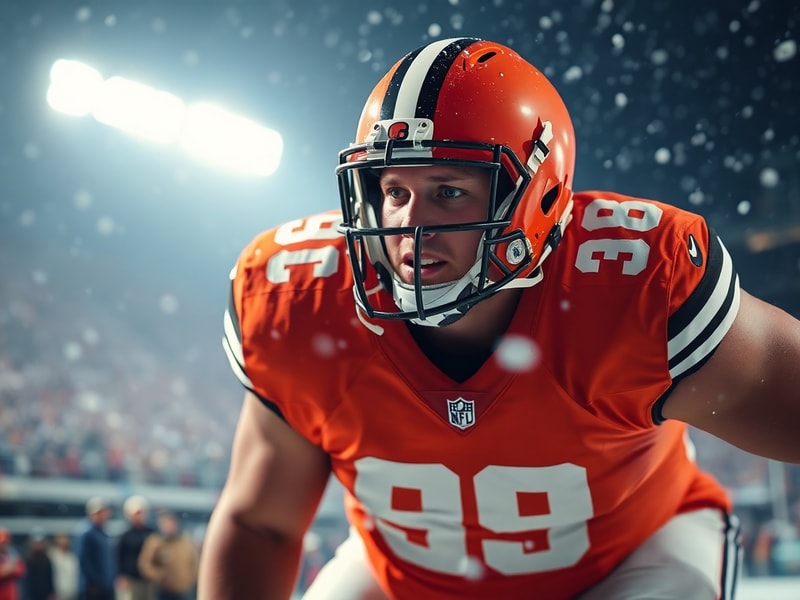 A dynamic action shot of Joel Bitonio in his Cleveland Browns uniform, blocking during a game. He is focused and aggressive,
