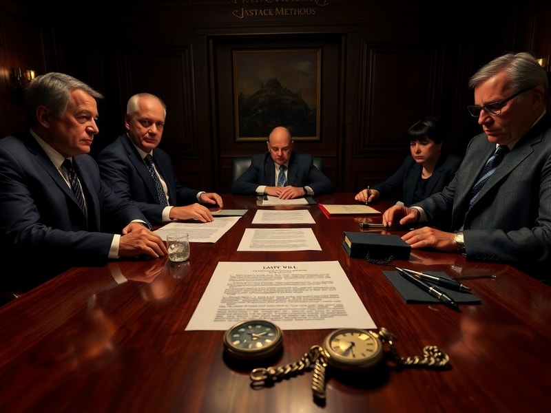 A split-image illustration showing a luxury family estate on one side and a courthouse gavel on the other, symbolizing the cl