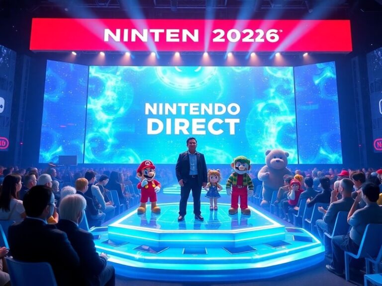 A promotional-style image featuring Nintendo's iconic logo and characters like Mario and Link, set against a futuristic backd