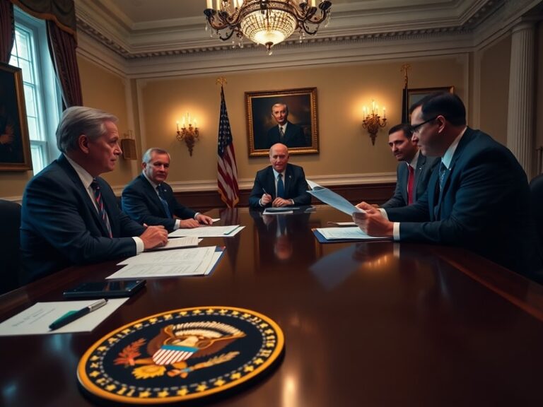A professional illustration of the White House with financial charts and trade documents on a desk, symbolizing economic poli