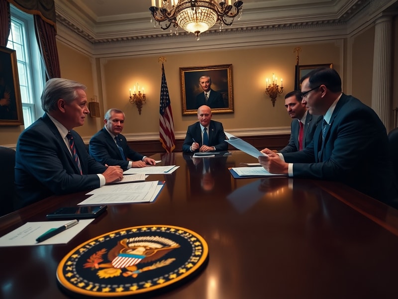 A professional illustration of the White House with financial charts and trade documents on a desk, symbolizing economic poli