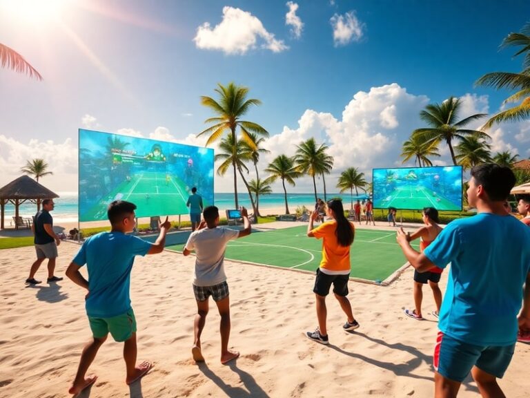 A vibrant in-game scene from Nintendo Switch Sports Resort showing three players engaged in Beach Tennis on a sunny tropical