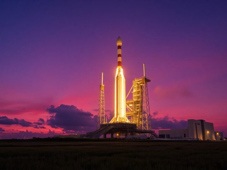 A detailed illustration of the Artemis 3 mission, showing the Space Launch System rocket lifting off from Earth, the Orion sp