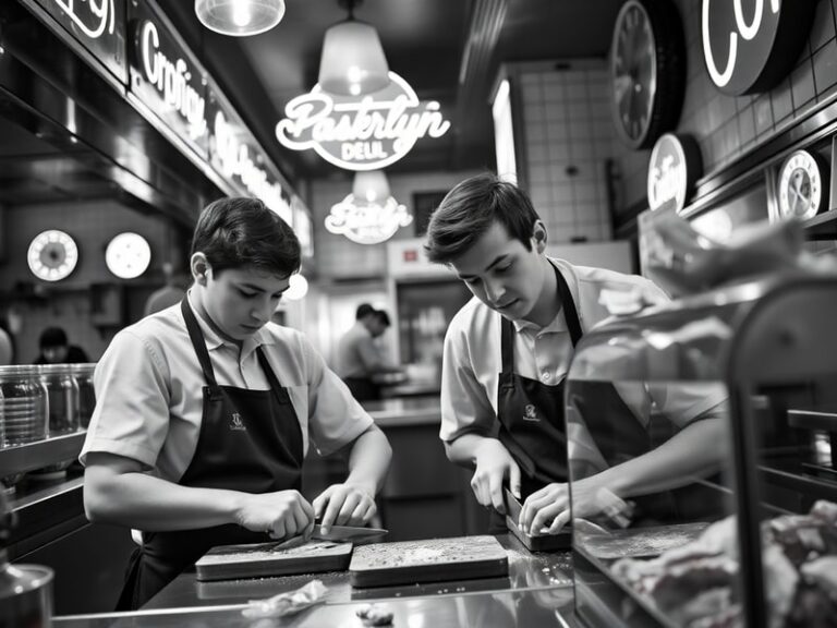 A bustling deli counter at peak lunch hour, featuring a deli boy in a white apron slicing meat with precision, surrounded by