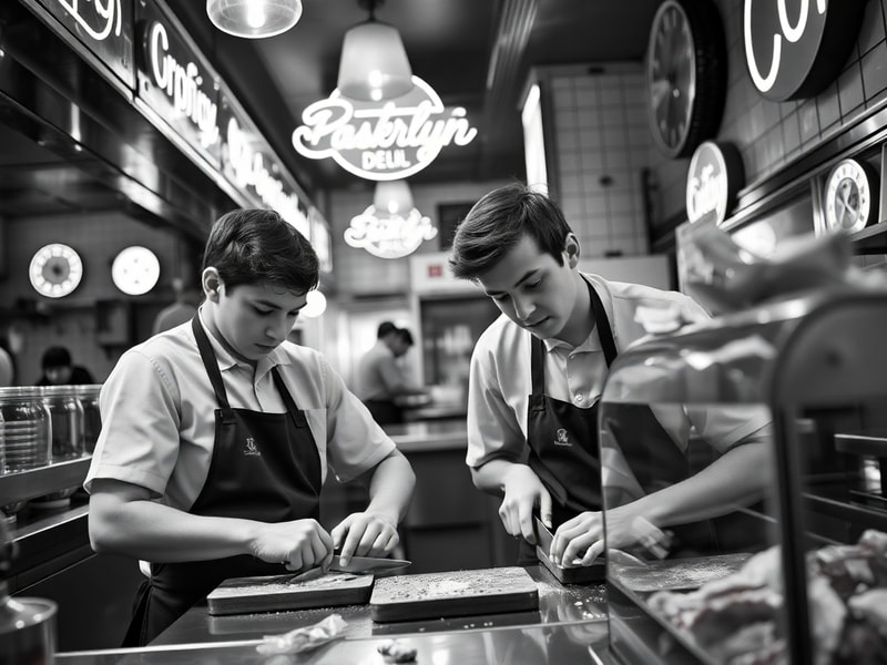 A bustling deli counter at peak lunch hour, featuring a deli boy in a white apron slicing meat with precision, surrounded by