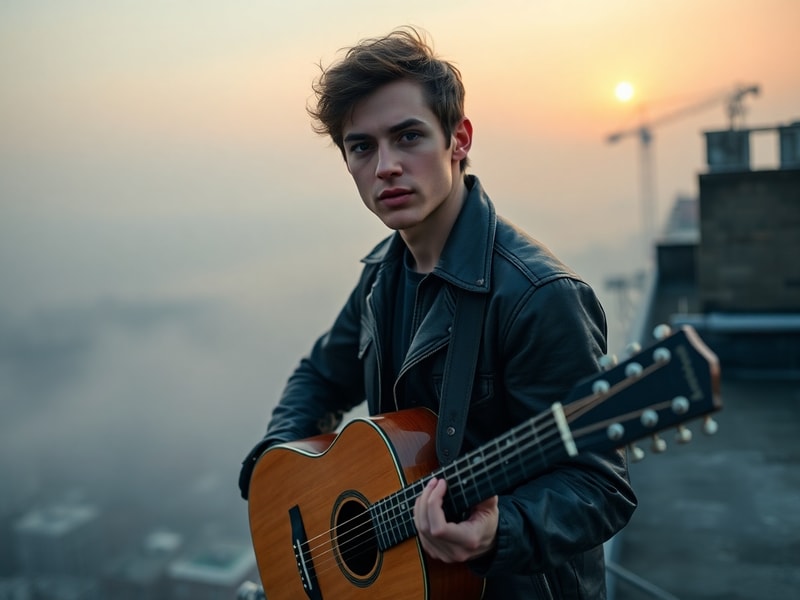 A cinematic shot of the protagonist standing atop a cliff in a misty, fantasy landscape. The scene captures the dark, whimsic