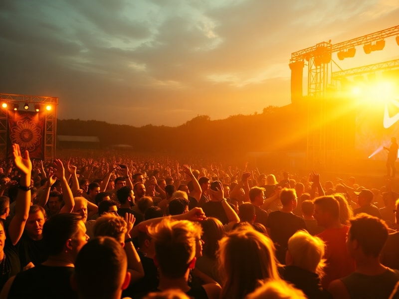 A vibrant outdoor stage at dusk during Rock the South festival, featuring a live band performing with colorful stage lights,